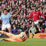 
              Manchester United's goalkeeper Martin Dubravka saves in front of Manchester United's Marcus Rashford during the English Premier League soccer match between Manchester United and Manchester City at Old Trafford in Manchester, England, Saturday, Jan. 14, 2023. (AP Photo/Dave Thompson)
            