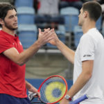 
              United States' Taylor Fritz, left, is congratulated by Poland's Hubert Hurkacz following their semifinal match at the United Cup tennis event in Sydney, Australia, Saturday, Jan. 7, 2023. (AP Photo/Mark Baker)
            