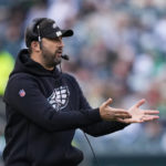 
              Philadelphia Eagles head coach Nick Sirianni calls out from the sideline in the first half of an NFL football game against the New Orleans Saints in Philadelphia, Sunday, Jan. 1, 2023. (AP Photo/Matt Slocum)
            