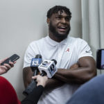 
              Alabama NCAA college football linebacker Will Anderson Jr. talks with the media after declaring for the NFL draft, Monday, Jan. 2, 2023, in Tuscaloosa, Ala. (AP Photo/Vasha Hunt)
            