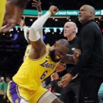 
              Los Angeles Lakers' LeBron James (6) reacts after missing a shot late in the fourth quarter during an NBA basketball game against the Boston Celtics, Saturday, Jan. 28, 2023, in Boston. (AP Photo/Michael Dwyer)
            
