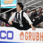 
              Tomoki Hiwatashi performs during the men's free skate at the U.S. figure skating championships in San Jose, Calif., Sunday, Jan. 29, 2023. (AP Photo/Tony Avelar)
            