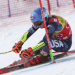
              United States' Mikaela Shiffrin speeds down the course during an alpine ski, women's World Cup giant slalom, in Kronplatz, Italy, Wednesday, Jan. 25, 2023. (AP Photo/Alessandro Trovati)
            