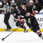 
              Buffalo Sabres center Tage Thompson (72) carries the puck up ice during the second period of the team's NHL hockey game against the Minnesota Wild, Saturday, Jan. 7, 2023, in Buffalo, N.Y. (AP Photo/Jeffrey T. Barnes)
            