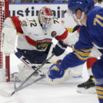 
              Florida Panthers goaltender Sergei Bobrovsky (72) defends the net during the first period of an NHL hockey game against the Buffalo Sabres on Monday, Jan. 16, 2023, in Buffalo, N.Y. (AP Photo/Joshua Bessex)
            