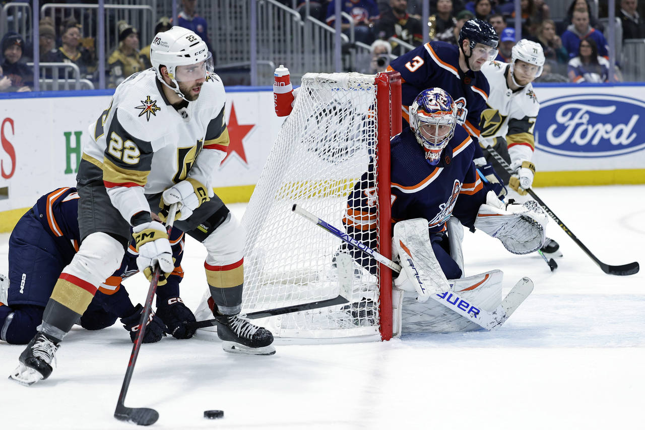 New York Islanders goaltender Semyon Varlamov defends against Vegas Golden Knights right wing Micha...