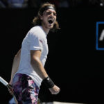 
              Stefanos Tsitsipas of Greece celebrates after defeating Tallon Griekspoor of the Netherlands in their third round match at the Australian Open tennis championship in Melbourne, Australia, Friday, Jan. 20, 2023. (AP Photo/Aaron Favila)
            