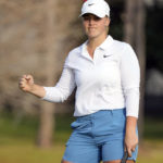 
              Maja Stark, of Sweden, pumps her fist after sinking a birdie putt on the 17th green during the final round of the LPGA Hilton Grand Vacations Tournament of Champions, Sunday, Jan. 22, 2023, in Orlando, Fla. (AP Photo/John Raoux)
            