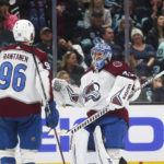 
              Colorado Avalanche goaltender Pavel Francouz (39) greets right wing Mikko Rantanen (96) after the team's shootout win over Seattle Kraken in an NHL hockey game Saturday, Jan. 21, 2023, in Seattle. The Avalanche won 2-1. (AP Photo/Lindsey Wasson)
            