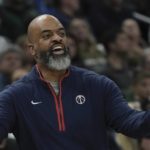 
              Washington Wizards head coach Wes Unseld Jr. reacts during the first half of an NBA basketball game Tuesday, Jan. 3, 2023, in Milwaukee. (AP Photo/Morry Gash)
            