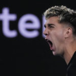 
              Thanasi Kokkinakis of Australia reacts after losing during his second round match against Andy Murray of Britain at the Australian Open tennis championship in Melbourne, Australia, Thursday, Jan. 19, 2023. (AP Photo/Ng Han Guan)
            