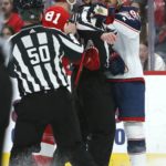 
              Detroit Red Wings left wing Dominik Kubalik (81) and Columbus Blue Jackets center Jack Roslovic (96) are separated by referees during the second period of an NHL hockey game Saturday, Jan. 14, 2023, in Detroit. (AP Photo/Duane Burleson)
            