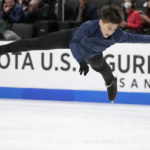 
              Samuel Mindra performs during the men's free skate at the U.S. figure skating championships in San Jose, Calif., Sunday, Jan. 29, 2023. (AP Photo/Tony Avelar)
            