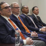 
              Chicago Bears NFL football team President and CEO Ted Phillips, left, Chairman George H. McCaskey, second from left, general manager Ryan Poles, second from right, and head coach Matt Eberflus listen to new President & CEO Kevin Warren speech during a news conference at Halas Hall in Lake Forest, Ill., Tuesday, Jan. 17, 2023.  (AP Photo/Nam Y. Huh)
            