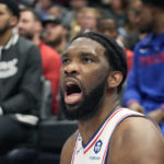 
              Philadelphia 76ers center Joel Embiid reacts from the bench during the first half of an NBA basketball game against the Utah Jazz, Saturday, Jan. 14, 2023, in Salt Lake City. (AP Photo/Rick Bowmer)
            