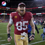 
              San Francisco 49ers tight end George Kittle (85) celebrates after an NFL divisional round playoff football game against the Dallas Cowboys in Santa Clara, Calif., Sunday, Jan. 22, 2023. (AP Photo/Tony Avelar)
            
