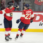 
              Florida Panthers defenseman Brandon Montour, left, celebrates with center Carter Verhaeghe (23) after Montour scored during the second period of an NHL hockey game against the Los Angeles Kings, Friday, Jan. 27, 2023, in Sunrise, Fla. (AP Photo/Wilfredo Lee)
            