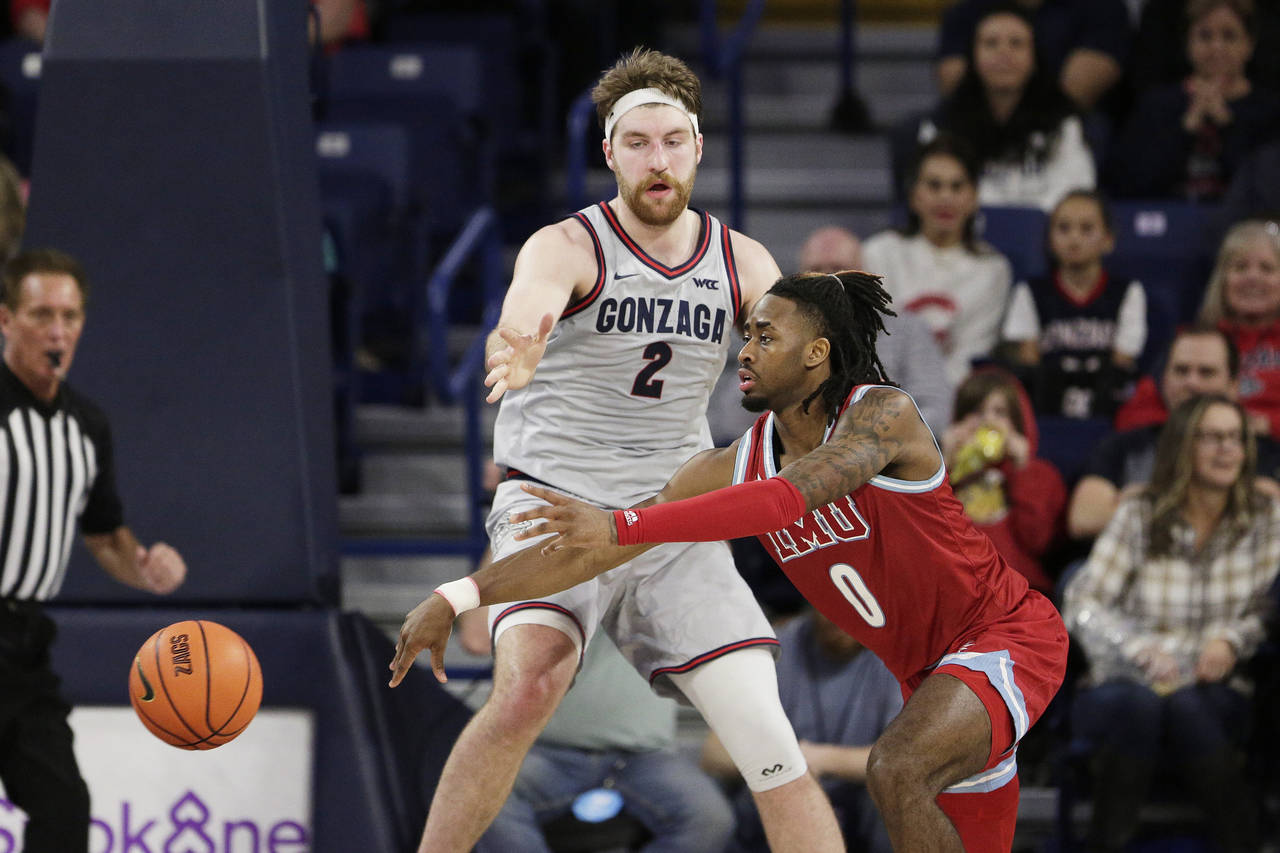 Loyola Marymount guard Jalin Anderson (0) passes the ball past Gonzaga forward Drew Timme (2) durin...