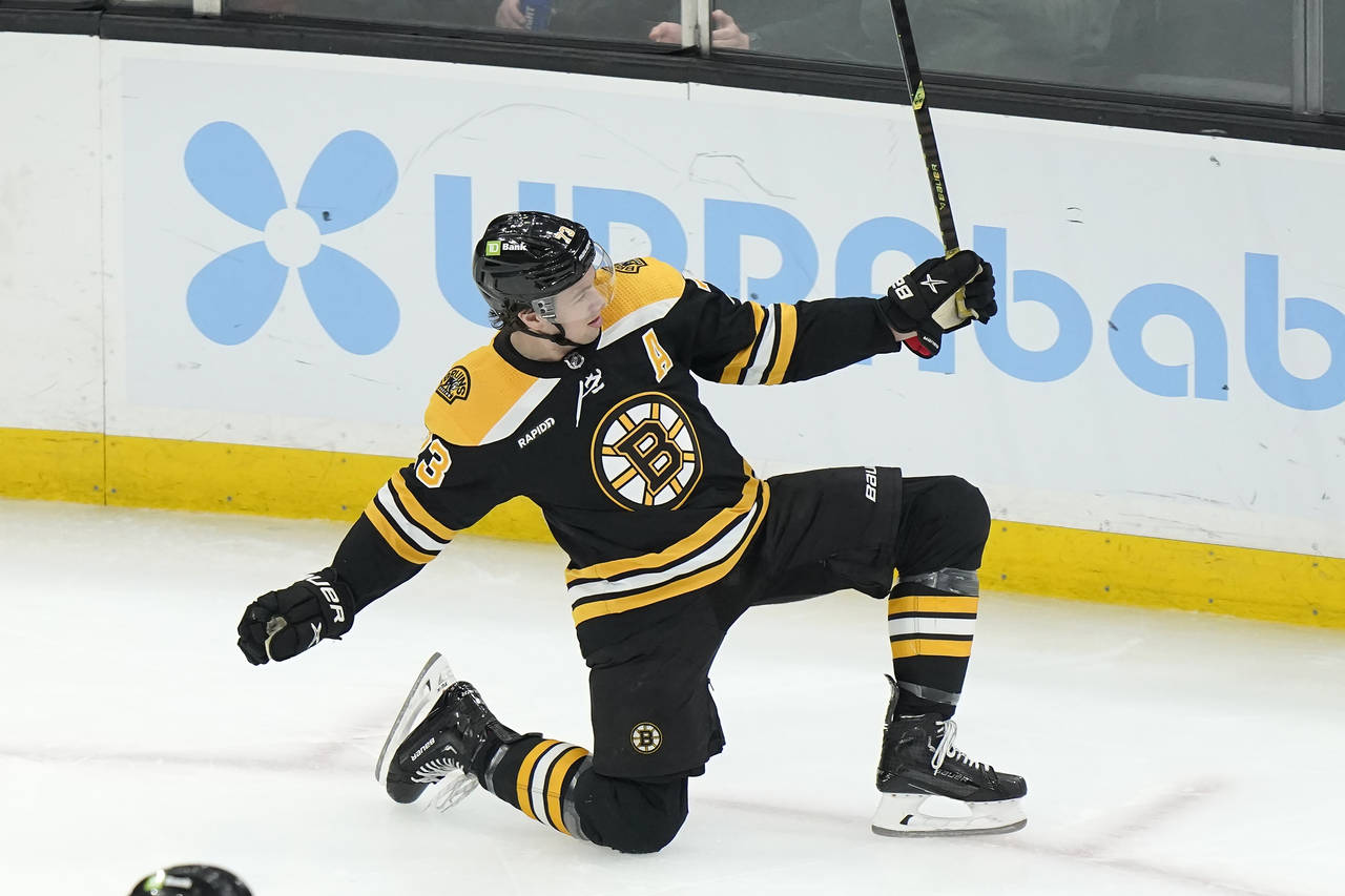 Boston Bruins defenseman Charlie McAvoy celebrates after scoring in the second period of an NHL hoc...