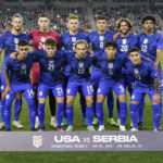 
              United States players pose for a group photo before an international friendly soccer match against Serbia in Los Angeles, Wednesday, Jan. 25, 2023. (AP Photo/Ashley Landis)
            