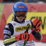 
              United States' Mikaela Shiffrin reacts after completing an alpine ski, women's World Cup giant slalom race, in Kranjska Gora, Slovenia, Saturday, Jan. 7, 2023. (AP Photo/Giovanni Auletta)
            