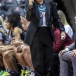 
              South Carolina head coach Dawn Staley reacts to her team's play during the first half of an NCAA college basketball game against Alabama, Sunday, Jan. 29, 2023, in Tuscaloosa, Ala. (AP Photo/Vasha Hunt)
            