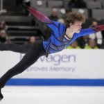 
              Ilia Malinin performs during the men's free skate at the U.S. figure skating championships in San Jose, Calif., Sunday, Jan. 29, 2023. (AP Photo/Tony Avelar)
            