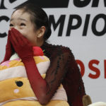 
              Josephine Lee reacts after learning her score during the women's free skate at the U.S. figure skating championships in San Jose, Calif., Friday, Jan. 27, 2023. (AP Photo/Josie Lepe)
            
