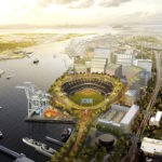 
              This artists rendering provided by BIG/Oakland A's show the proposed stadium for the Oakland Athletics baseball team in Oakland, Calif. The Oakland Athletics have spent years trying to get a new stadium while watching Bay Area neighbors the Giants, Warriors, 49ers and Raiders successfully move into state-of-the-art venues, and now time is running short on their efforts.(BIG/Oakland A's via AP)
            