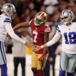 
              Dallas Cowboys place kicker Brett Maher (19) is congratulated by Bryan Anger (5) after kicking a field goal during the second half of an NFL divisional round playoff football game against the San Francisco 49ers in Santa Clara, Calif., Sunday, Jan. 22, 2023. (AP Photo/Tony Avelar)
            