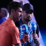 
              Serbia's Novak Djokovic, left, and Australia's Nick Kyrgios are interviewed following an exhibition match on Rod Laver Arena ahead of the Australian Open tennis championship in Melbourne, Australia, Friday, Jan. 13, 2023. (AP Photo/Mark Baker)
            