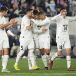 
              Serbia midfielder Luka Ilić, center, celebrates with his team after scoring during the first half of an international friendly soccer match against the United States in Los Angeles, Wednesday, Jan. 25, 2023. (AP Photo/Ashley Landis)
            