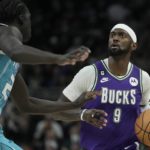 
              Milwaukee Bucks' Bobby Portis drives against Charlotte Hornets' JT Thor during the second half of an NBA basketball game Friday, Jan. 6, 2023, in Milwaukee. (AP Photo/Morry Gash)
            