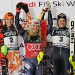 
              From left, second placed Slovakia's Petra Vlhova, the winner United States' Mikaela Shiffrin and third p[laced Sweden's Anna Swenn Larsson celebrate after completing an alpine ski, women's World Cup slalom race, in Zagreb, Croatia, Wednesday, Jan. 4, 2023. (AP Photo/Giovanni Auletta)
            