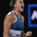 
              Aryna Sabalenka of Belarus reacts after winning a point against Magda Linette of Poland during their semifinal match at the Australian Open tennis championship in Melbourne, Australia, Thursday, Jan. 26, 2023.
            
