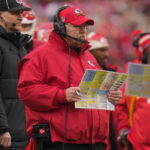 
              Kansas City Chiefs Head Coach Andy Reid watches play against the Jacksonville Jaguars during the first half of an NFL divisional round playoff football game, Saturday, Jan. 21, 2023, in Kansas City, Mo. (AP Photo/Jeff Roberson)
            