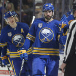 
              Buffalo Sabres right wing Alex Tuch (89) is congratulated after scoring against the New York Islanders during the second period of an NHL hockey game Thursday, Jan. 19, 2023, in Buffalo, N.Y. (AP Photo/Joshua Bessex)
            