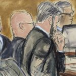 
              In this courtroom sketch, former Fox executive Carlos Martinez, far left, sits next to his defense attorneys in Brooklyn federal court Tuesday, Jan. 17, 2023, in New York. Two former Fox sports executives, Martinez and Hernan Lopez, and a sports marketing company based in Argentina are going on trial in a scheme to pay bribes to secure broadcasting rights to South America's premier club soccer tournament and to the World Cup. (Elizabeth Williams via AP)
            