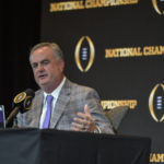 
              TCU head coach Sonny Dykes speaks during a news conference ahead of the national championship NCAA College Football Playoff game between Georgia and TCU, Sunday, Jan. 8, 2023, in Los Angeles. The championship football game will be played Monday. (AP Photo/Mike Stewart)
            