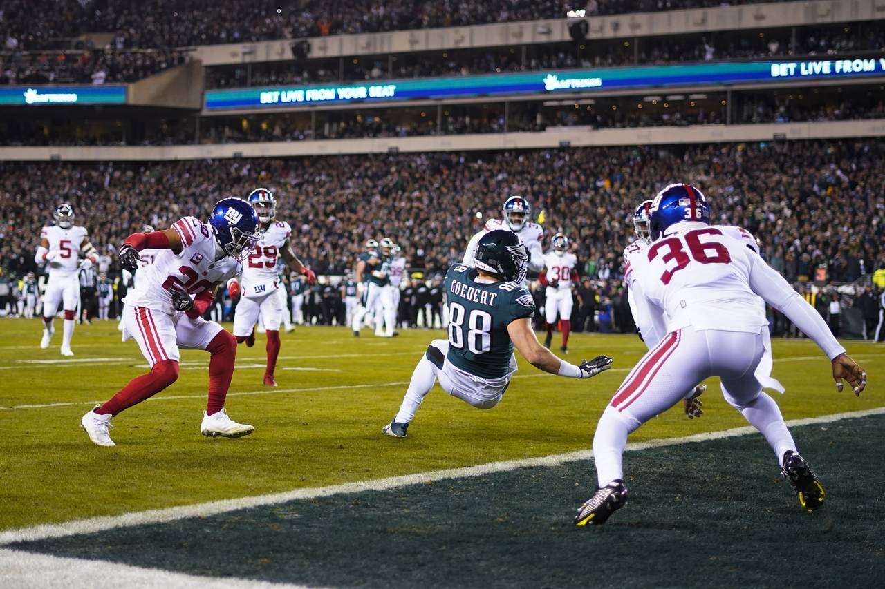 Philadelphia Eagles tight end Dallas Goedert (88) scores a touchdown on a pass from quarterback Jal...