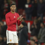 
              Manchester United's Marcus Rashford celebrates after the English League Cup quarter final soccer match between Manchester United and Charlton Athletic at Old Trafford in Manchester, England, Tuesday, Jan. 10, 2023. (AP Photo/Dave Thompson)
            