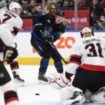 
              Toronto Maple Leafs forward David Kampf (64) shoots on Ottawa Senators goaltender Anton Forsberg (31) during the second period of an NHL hockey game Friday, Jan. 27, 2023, in Toronto. (Christopher Katsarov/The Canadian Press via AP)
            