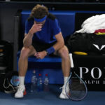 
              Andrey Rublev of Russia reacts during his quarterfinal against Novak Djokovic of Serbia at the Australian Open tennis championship in Melbourne, Australia, Wednesday, Jan. 25, 2023. (AP Photo/Ng Han Guan)
            
