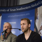
              FILE -  Dallas Stars forward Rich Peverley, right, makes a statement regarding his health and the incident which occurred in an NHL game during a news conference at UT Southwestern Medical Center as coach Lindy Ruff looks on March 12, 2014, in Dallas. The horror that swept across the NFL when Buffalo Bills defensive back Damar Hamlin collapsed and went into cardiac arrest during a game this week in Cincinnati was all too familiar to members of the hockey community. (AP Photo/Tim Sharp, File)
            