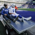 
              Indianapolis Colts' Nick Foles is carted off the field following an injury in the first half of an NFL football game against the New York Giants, Sunday, Jan. 1, 2023, in East Rutherford, N.J. (AP Photo/Bryan Woolston)
            