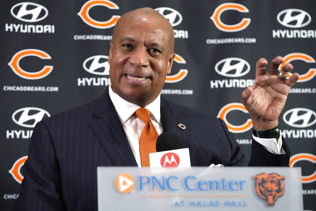 Chicago Bears new President & CEO Kevin Warren speaks during an NFL football news conference at Hal...
