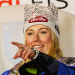
              The winner United States' Mikaela Shiffrin celebrates after an alpine ski, women's World Cup slalom race, in Zagreb, Croatia, Wednesday, Jan. 4, 2023. (AP Photo/Piermarco Tacca)
            