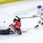 
              Buffalo Sabres' Peyton Krebs (19) scores an unassisted shorthanded goal past Chicago Blackhawks goaltender Petr Mrazek during the second period of an NHL hockey game Tuesday, Jan. 17, 2023, in Chicago. (AP Photo/Charles Rex Arbogast)
            