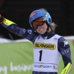 
              United States' Mikaela Shiffrin celebrates winning an alpine ski, women's World Cup giant slalom race, in Kranjska Gora, Slovenia, Sunday, Jan. 8, 2023. (AP Photo/Marco Trovati)
            