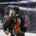 
              Anaheim Ducks center Trevor Zegras (11) celebrates after his goal with defenseman John Klingberg (3) during the first period of an NHL hockey game against the San Jose Sharks, in Anaheim, Calif., Friday, Jan. 6, 2023. (AP Photo/Kyusung Gong)
            